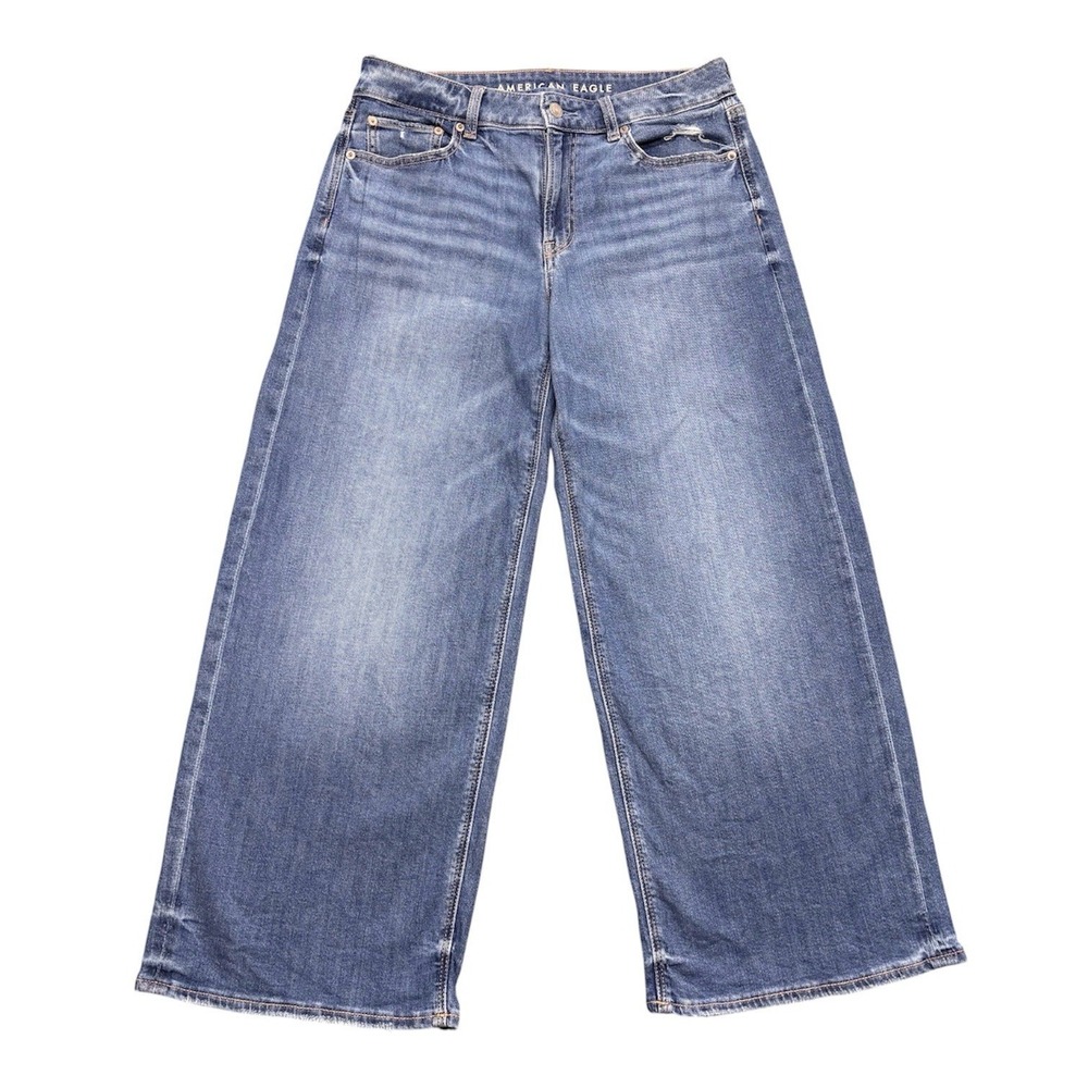American Eagle Low Rise Baggy Wide Leg Jeans Womens 8 Short Blue Stretch Y2K